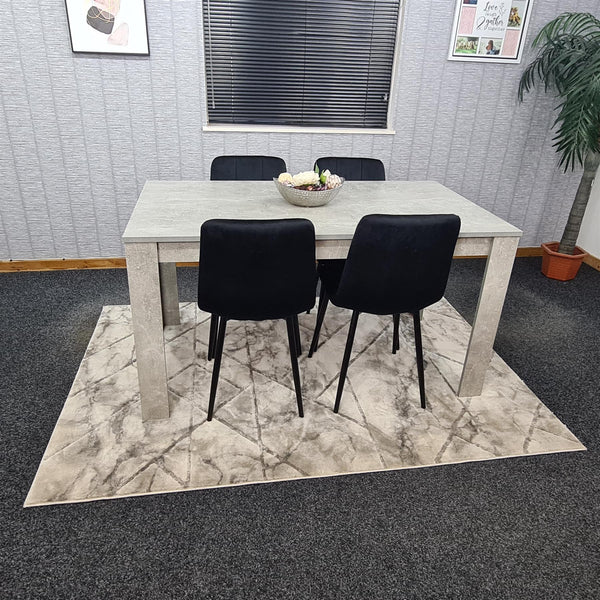 Dining Table with 4 Black Velvet Chairs Stone Grey Effect Wood Table Set for Dining Room