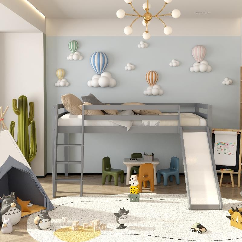 Mid Sleeper Bed with Slide for Kids Grey 3ft Single Pine Wood Customisable Bedroom