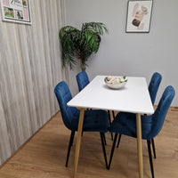 Wooden Dining Table Set for 4 White Wooden Table and 4 Blue Velvet Chairs