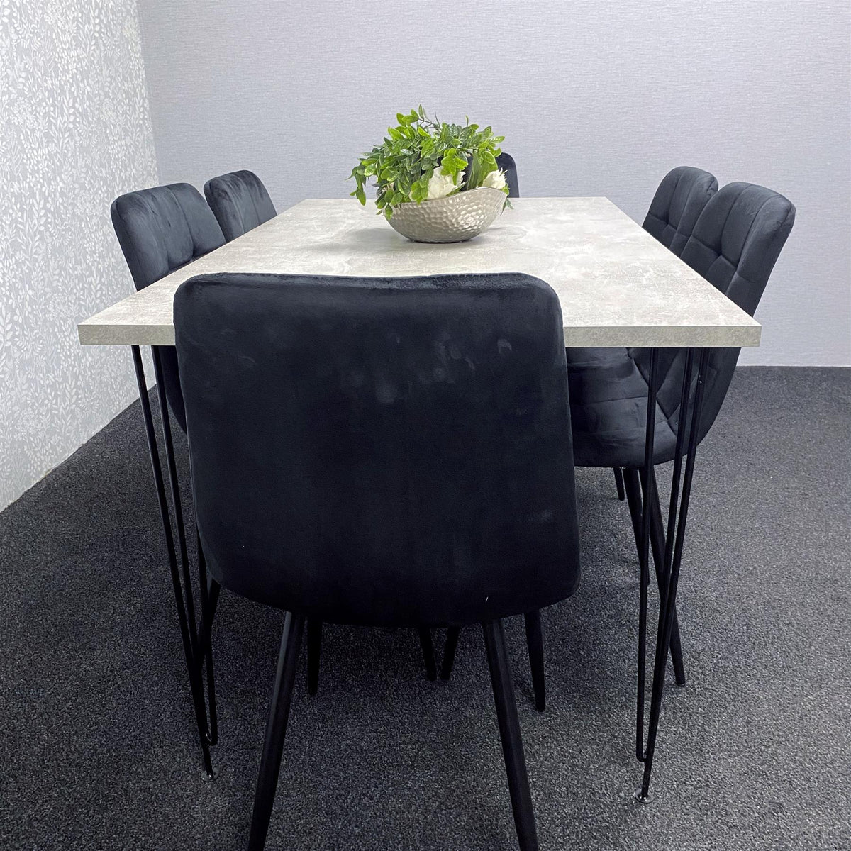 Grey Wooden Dining Table Hairpin Legs with 6 Black Velvet Chairs - Dining Kitchen Room Furniture