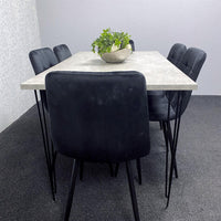 Grey Wooden Dining Table Hairpin Legs with 6 Black Velvet Chairs - Dining Kitchen Room Furniture
