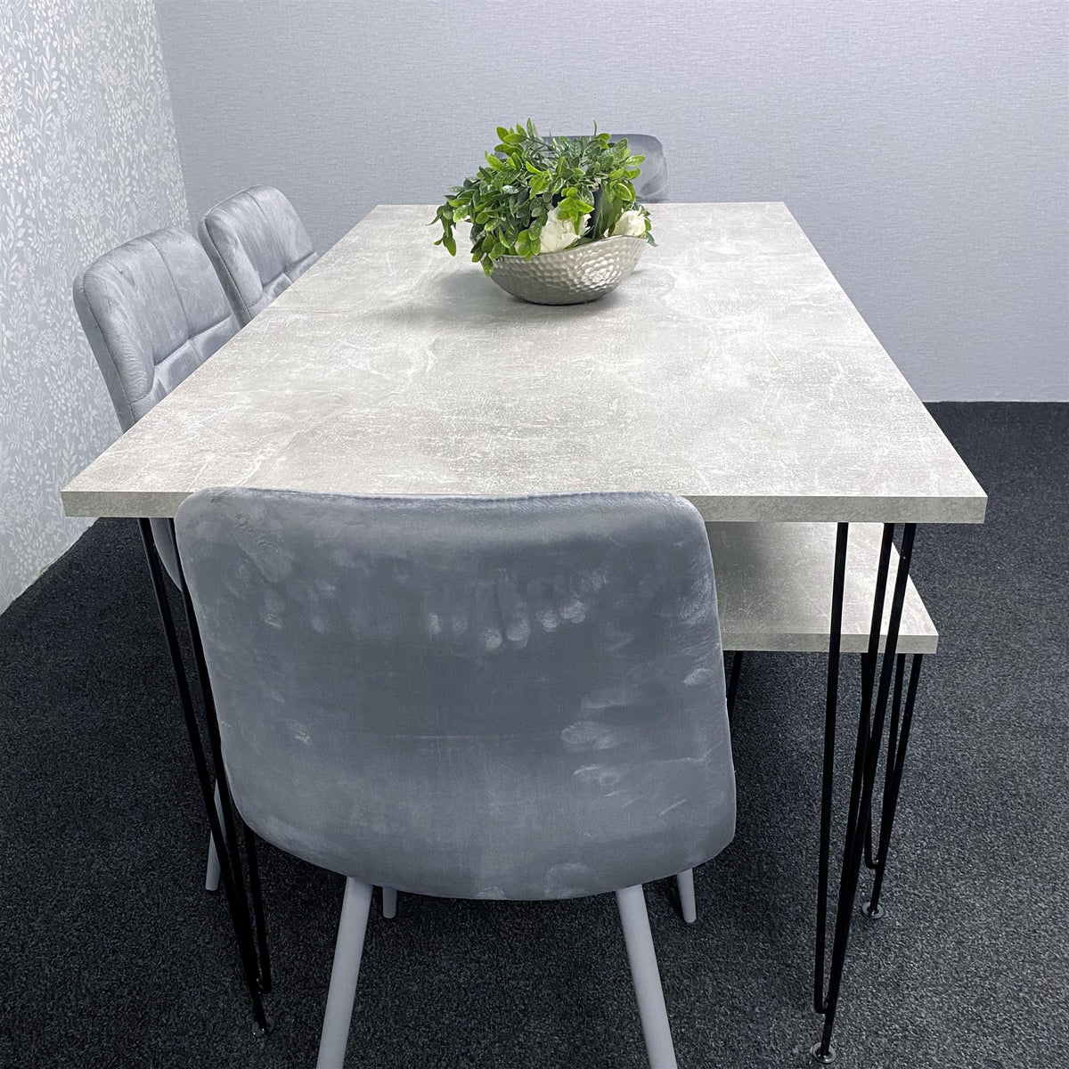 Grey Dining Table with Hairpin Legs, Bench & 4 Grey Velvet Chairs Set for Kitchen & Dining Room