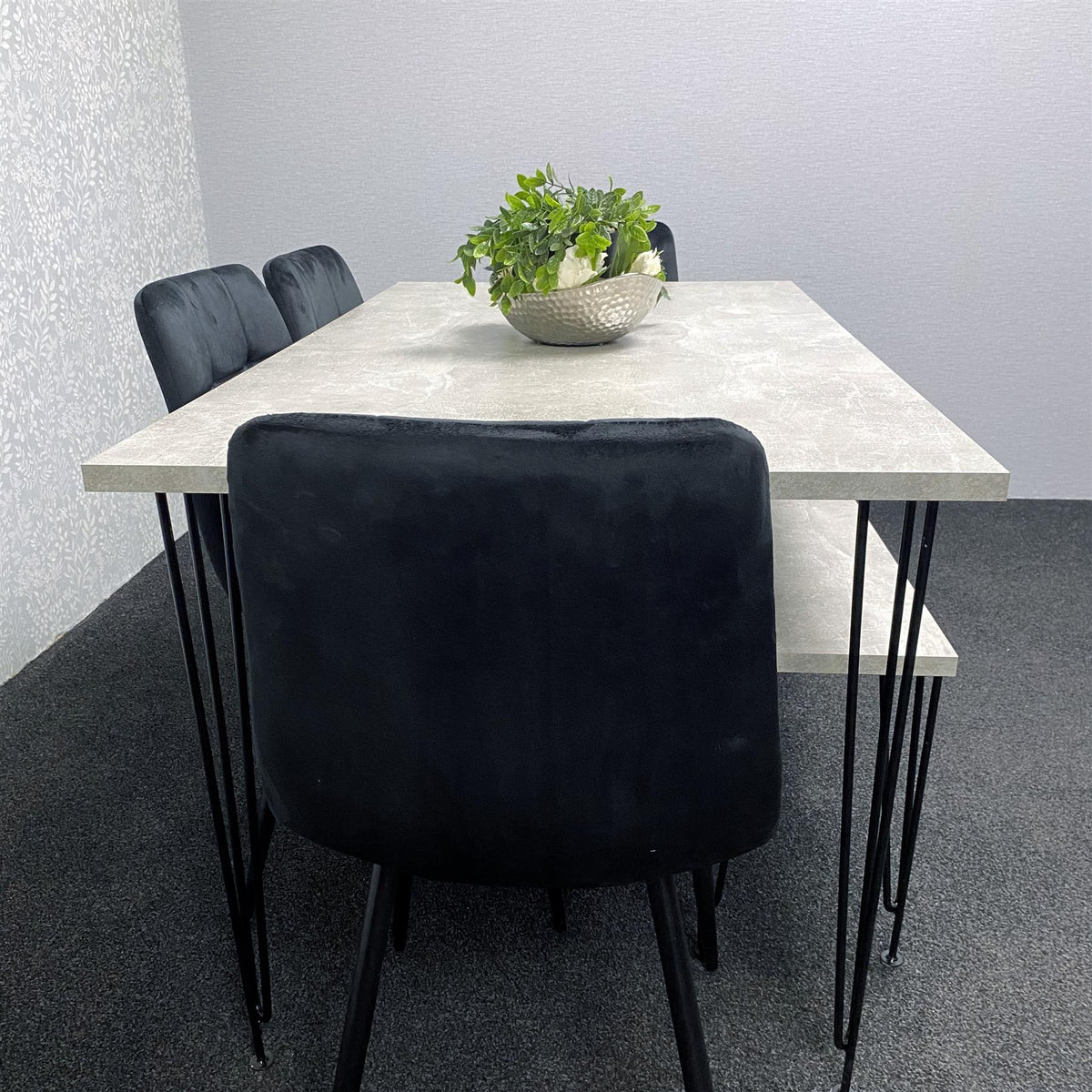 Grey Dining Table with Hairpin Legs, Bench & 4 Black Velvet Chairs Set for Kitchen & Dining Room