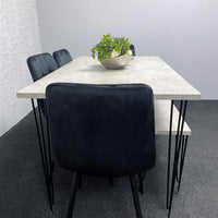 Grey Dining Table with Hairpin Legs, Bench & 4 Black Velvet Chairs Set for Kitchen & Dining Room