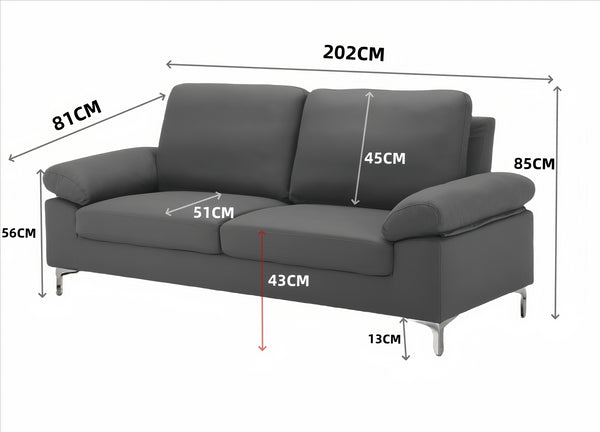 Modern Three Seater Sofa Blue Fabric with Chrome Feet - Comfortable Couch with Cushion for Living Room, Bedroom or Office
