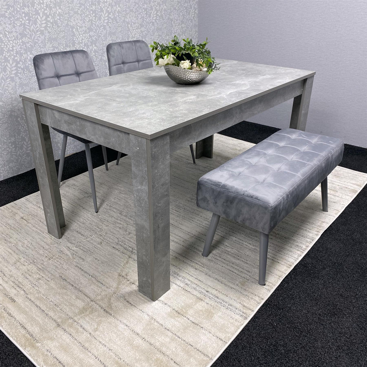 Grey Wooden Dining Table Set with 2 Grey Chairs and 1 Bench - Dining Kitchen Room Furniture