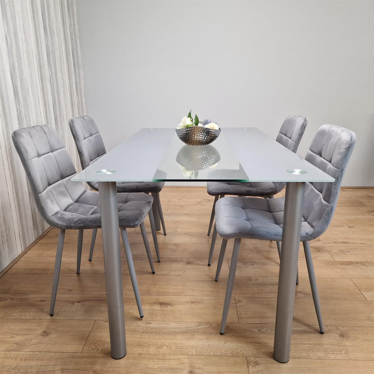 Dining Table Clear Glass and 4 Velvet Grey Chairs Dining Room Furniture