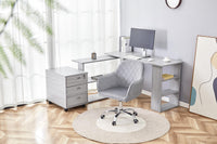 Grey Office Desk L-shaped with Grey Velvet Upholstered Chair and Storage Drawers