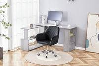 Grey Office Desk L-shaped with Black Velvet Upholstered Chair and Storage Drawers