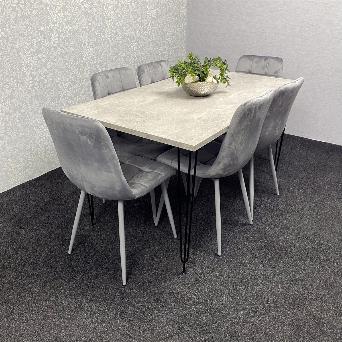Grey Wooden Dining Table Hairpin Legs with 6 Grey Velvet Chairs - Dining Kitchen Room Furniture