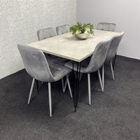 Grey Wooden Dining Table Hairpin Legs with 6 Grey Velvet Chairs - Dining Kitchen Room Furniture