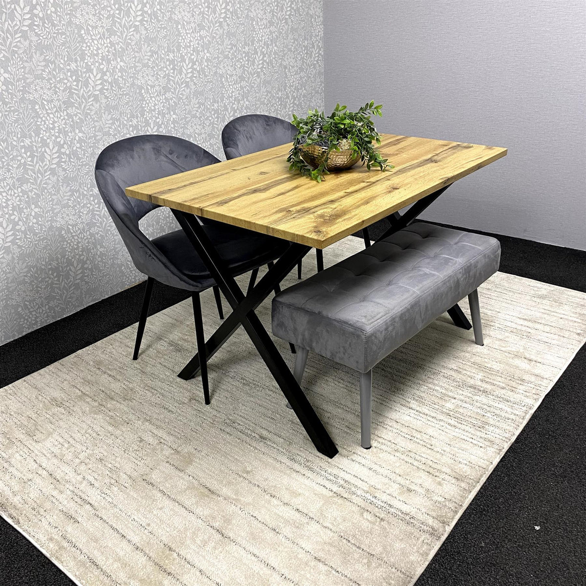 Modern Dining Table Set with Padded Bench and Grey Velvet Chairs – Wood Effect Tabletop with X-Shaped Metal Legs – Stylish Kitchen or Dining Room Furniture