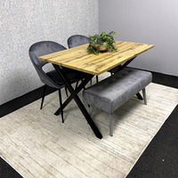 Modern Dining Table Set with Padded Bench and Grey Velvet Chairs – Wood Effect Tabletop with X-Shaped Metal Legs – Stylish Kitchen or Dining Room Furniture