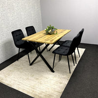 Modern Dining Table Set with 4 Black Velvet Chairs – Wood Effect Tabletop with X-Shaped Metal Legs – Stylish Kitchen or Dining Room Furniture