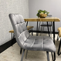Wooden Dining Table with 2 Benches and 2 Grey Velvet Chairs
