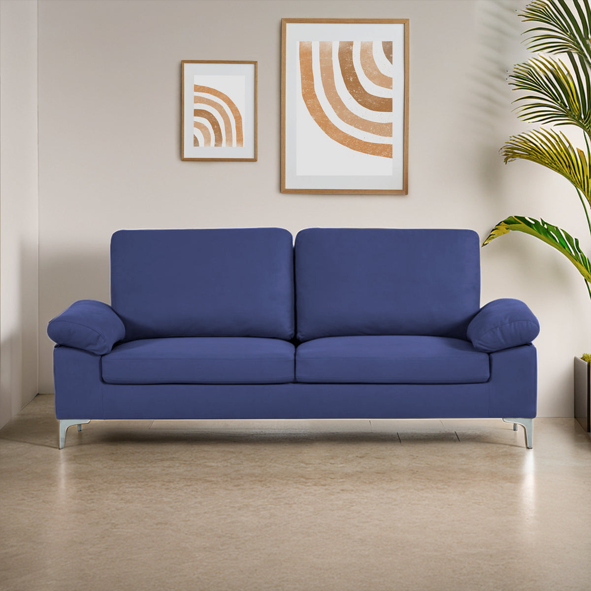 Modern Three Seater Sofa Blue Fabric with Chrome Feet - Comfortable Couch with Cushion for Living Room, Bedroom or Office
