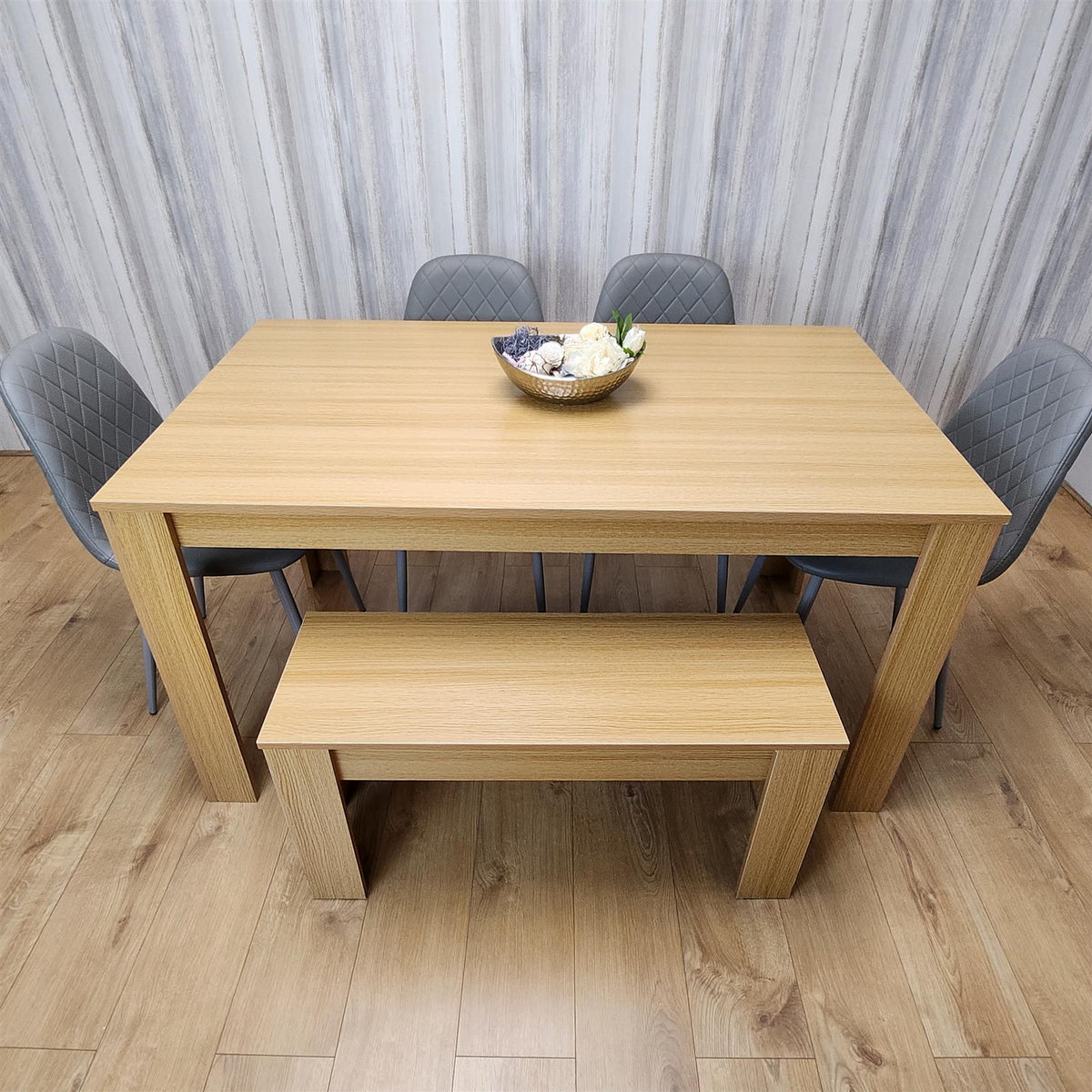 Wooden Dining Table Set for 6 Oak Effect Table With 4 Grey Gem Patterned  Chairs and 1 Bench