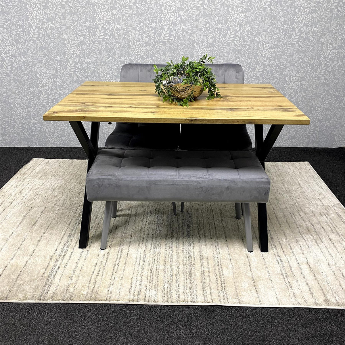 Modern Dining Table Set with Padded Bench and 2 Grey Velvet Chairs – Wood Effect Tabletop with X-Shaped Metal Legs – Stylish Kitchen or Dining Room Furniture
