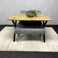 Modern Dining Table Set with Padded Bench and 2 Grey Velvet Chairs – Wood Effect Tabletop with X-Shaped Metal Legs – Stylish Kitchen or Dining Room Furniture