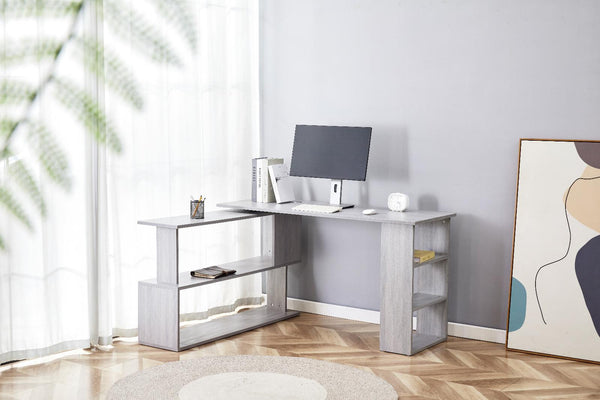 Grey Office Desk L-shaped with Mobile Storage Drawer Unit Wooden Room Furniture