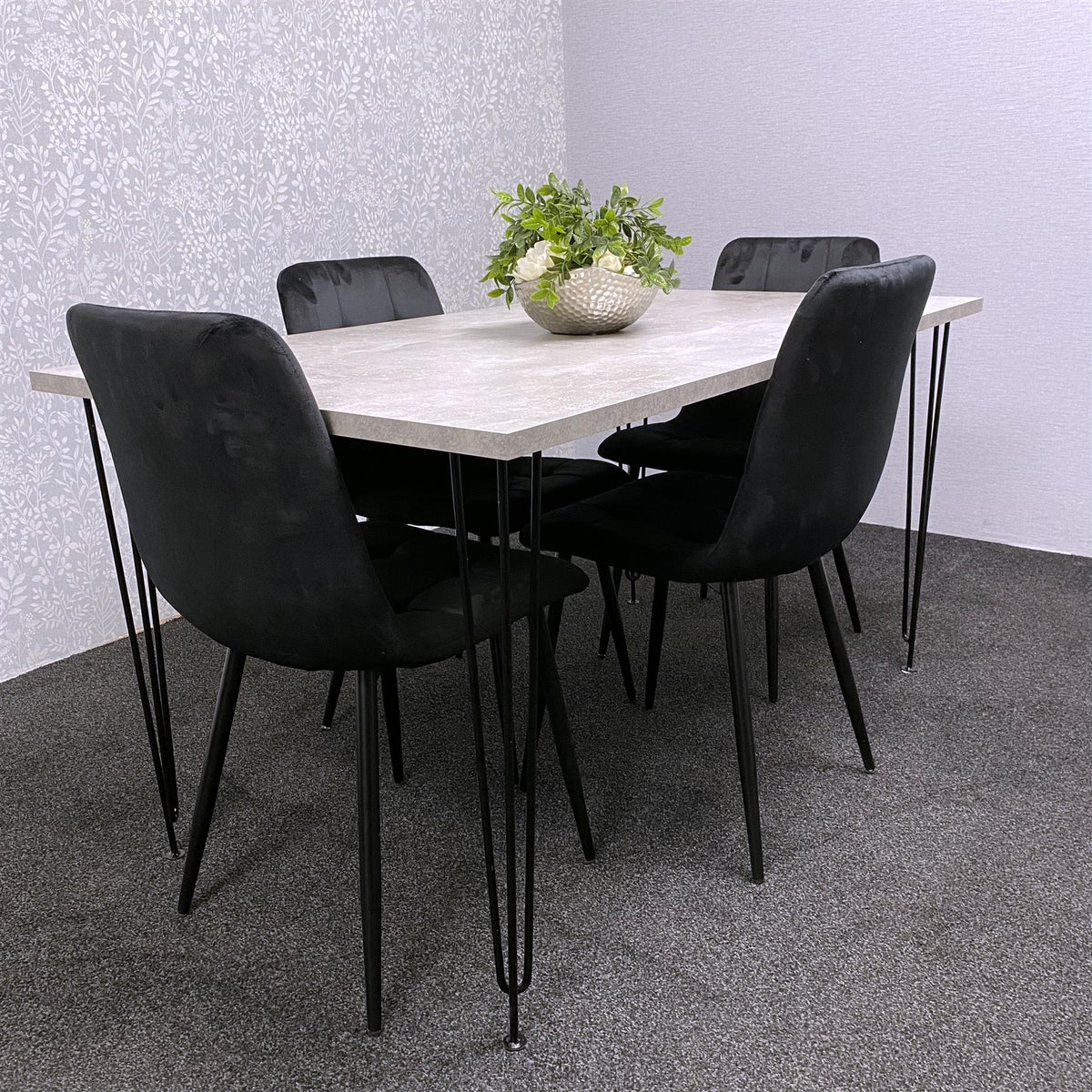 Grey Dining Table with Hairpin Legs & 4 Black Velvet Chairs Set for Kitchen & Dining Room