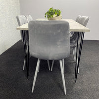 Grey Wooden Dining Table Hairpin Legs with 6 Grey Velvet Chairs - Dining Kitchen Room Furniture