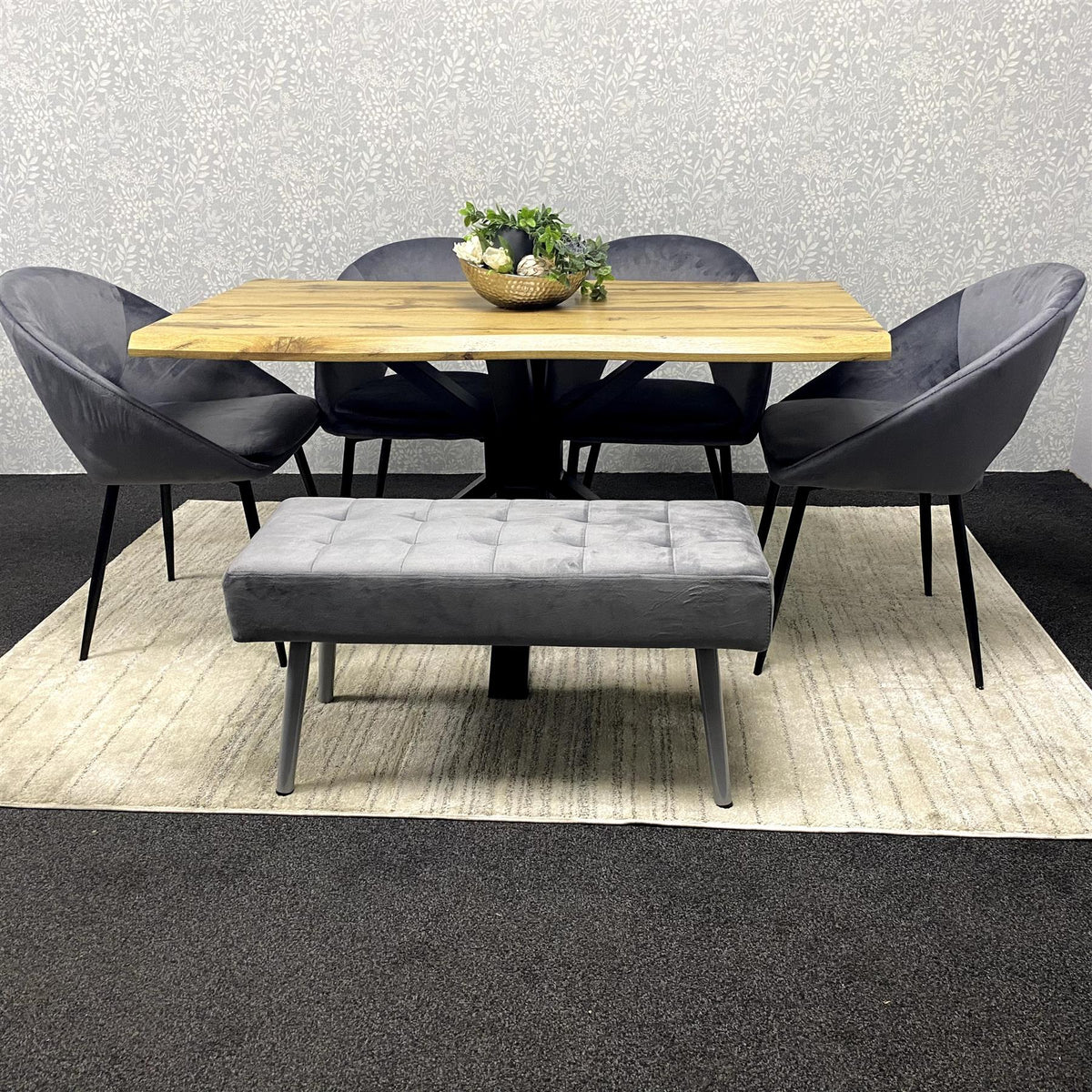 MDF Dining Set with Grey Velvet Chairs & Tufted Velvet Bench
