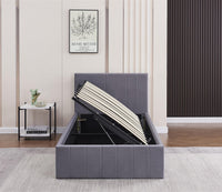 Ottoman Bed Gas Lift Storage Grey 3ft Single Line Pattern Velvet Pine Wood Bedroom