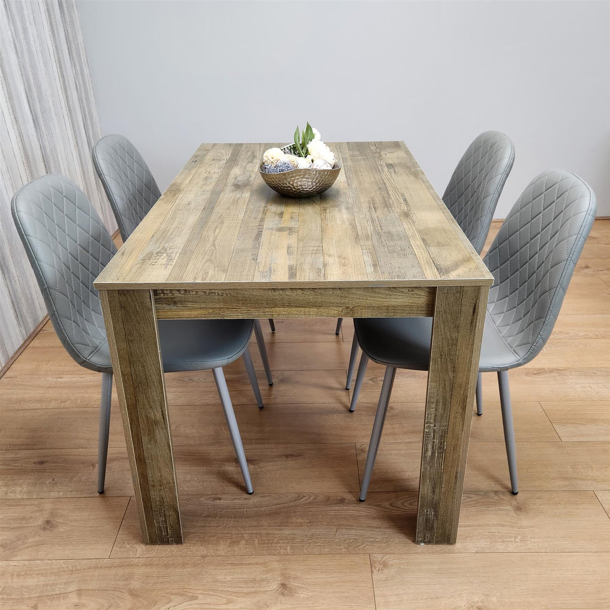 Dining Set of 4 Dining Table and 4 Grey Gem Patterned Stitiched Chairs