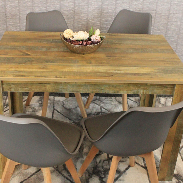 Dining Table and 4 Chairs Rustic Effect Wood Table 4 Grey Plastic Leather Chairs Dining Room