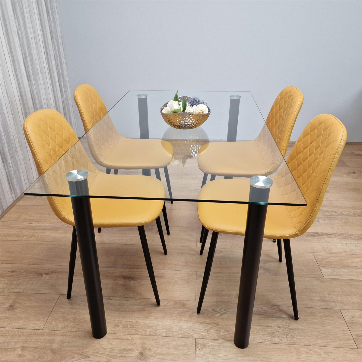Glass Dining Table with 4 Mustard Chairs Dining Room Dining Table set for 4