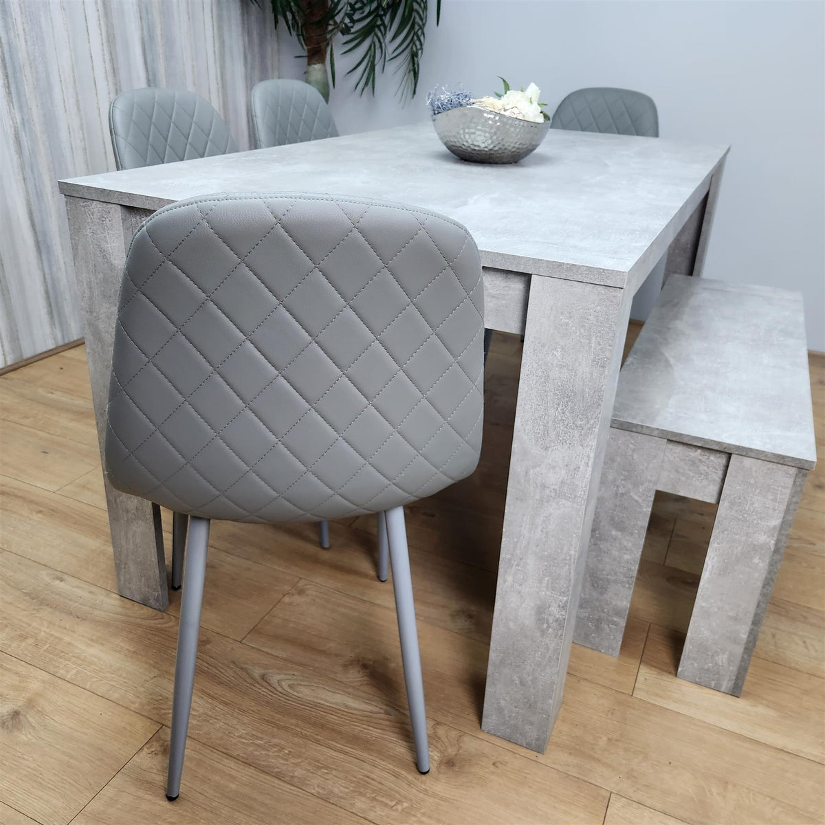 Wooden Rectangle Dining Table Sets with Set of 4 Chairs, a Bench, Grey